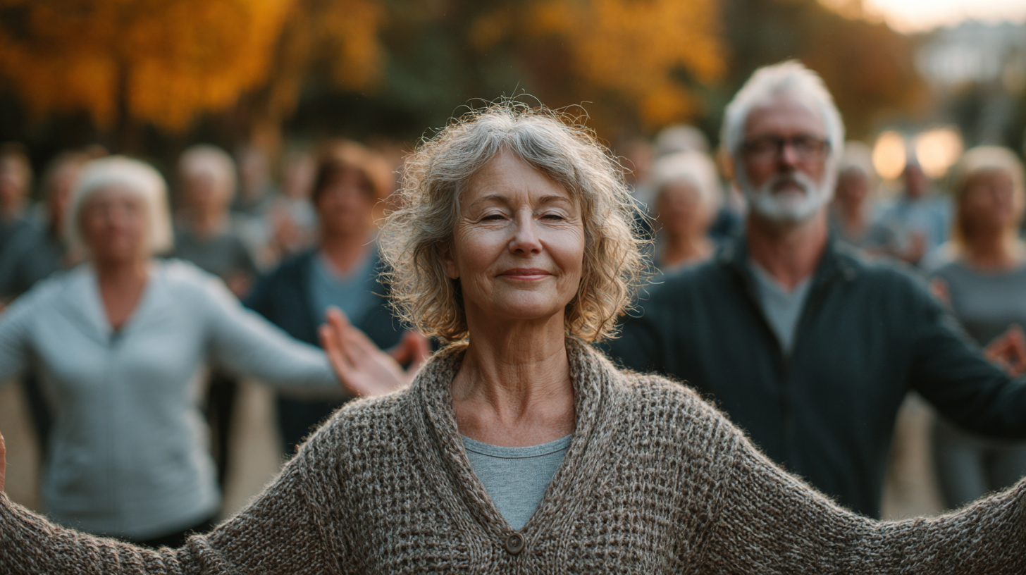 Група старших людей практикує йогу в парку